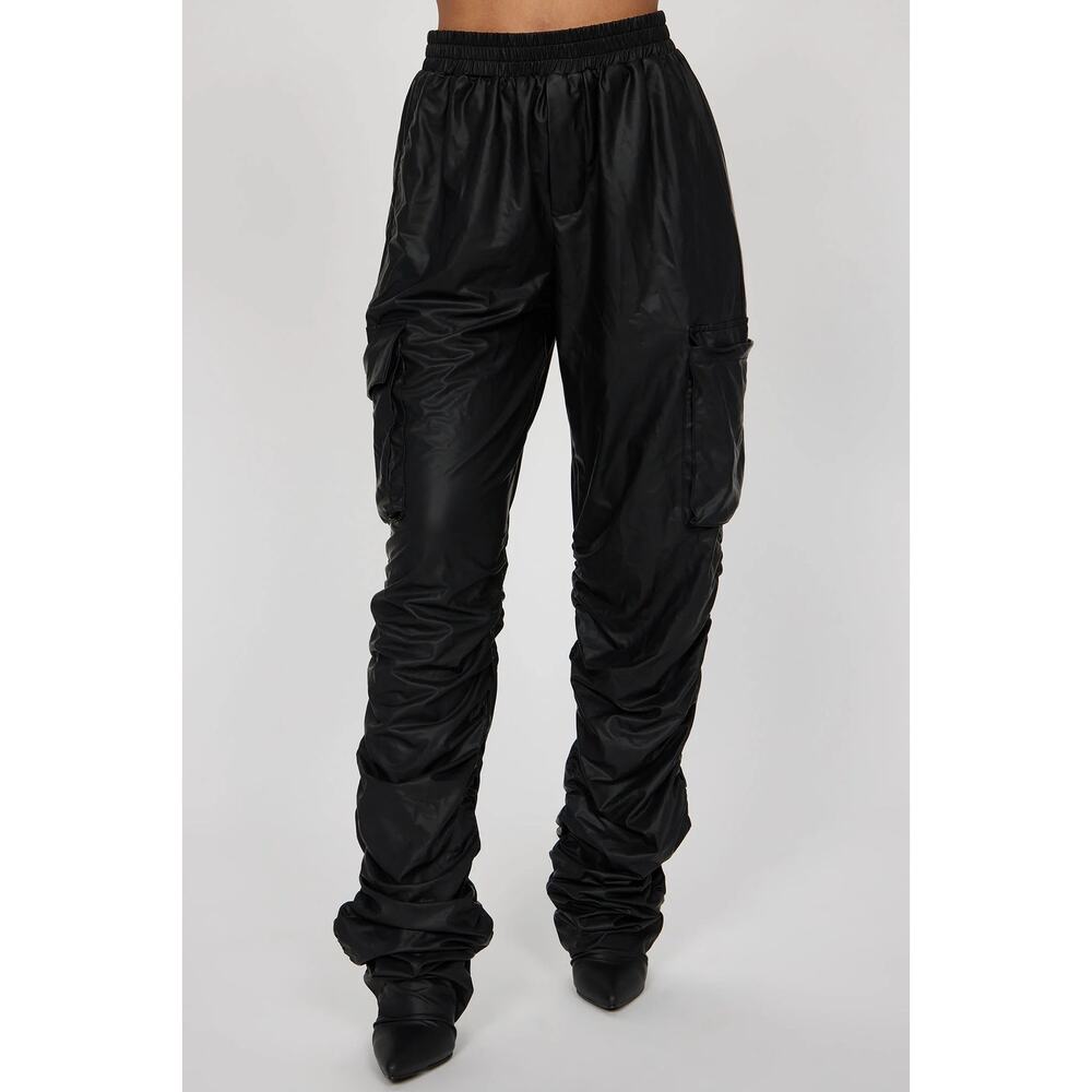 NWT Womens Leather Cargo Ruched Biker Pants Size Medium Black Streetwear Rave
